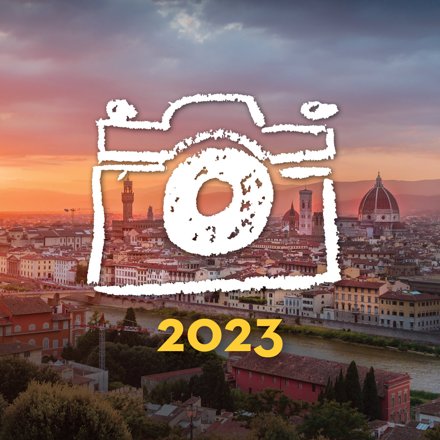 View of Florence, Italy at sunset with an overlayed illustration of a camera. 2023