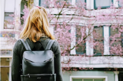 Student wearing a backpack looking at cherry blossoms in front of a building.